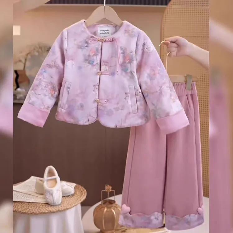 女童2024新款秋冬季套装国风网红唐装盘扣夹棉外套加绒裤子两件套