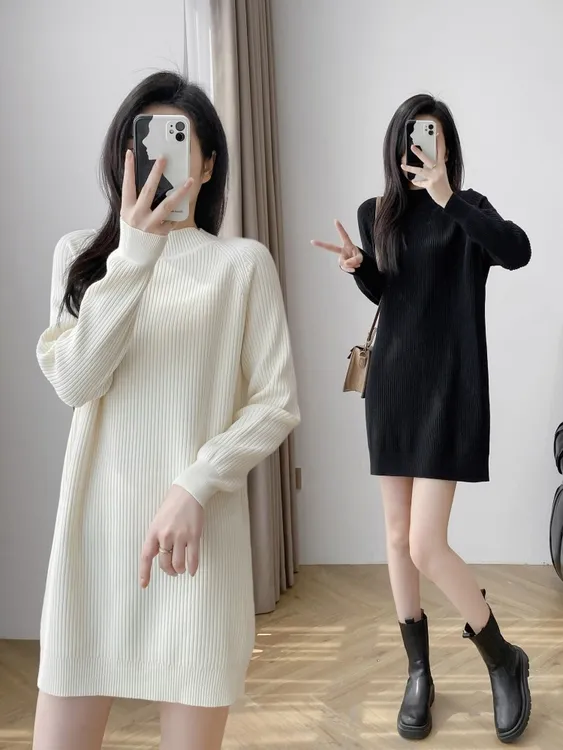 连衣裙秋冬高级感新款宽松慵懒风过臀中长款毛衣裙大衣打底内搭裙