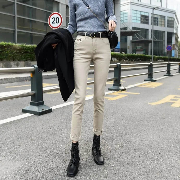 2025秋冬加绒卡其色高腰小脚牛仔裤女加厚显瘦弹力修身紧身铅笔裤