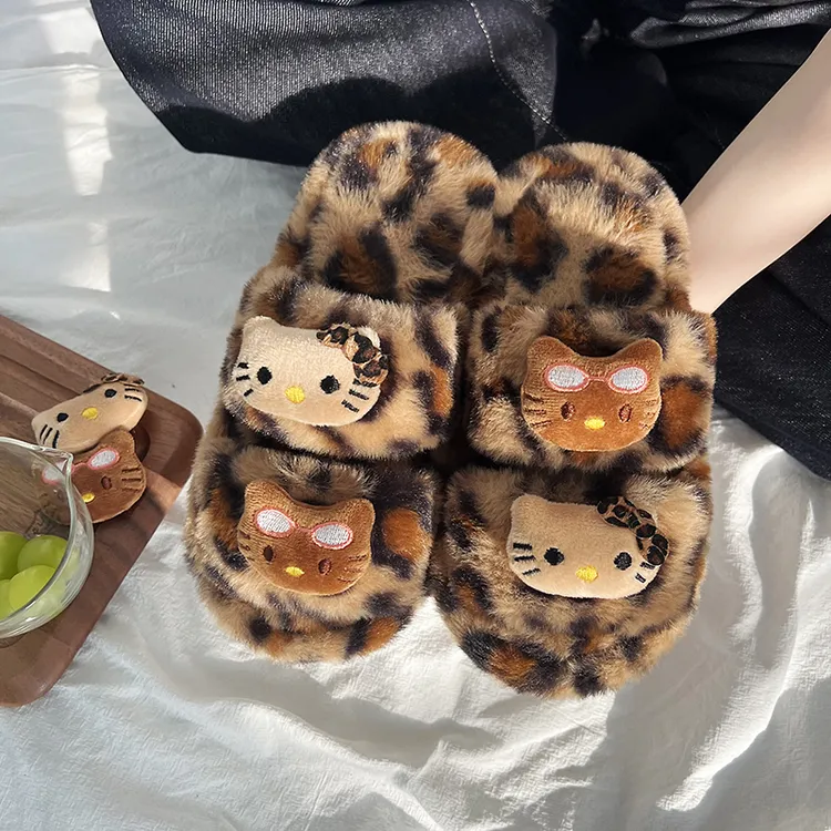 豹纹毛绒拖鞋女可爱卡通时尚毛毛拖鞋秋冬季居家防滑软底开口棉拖