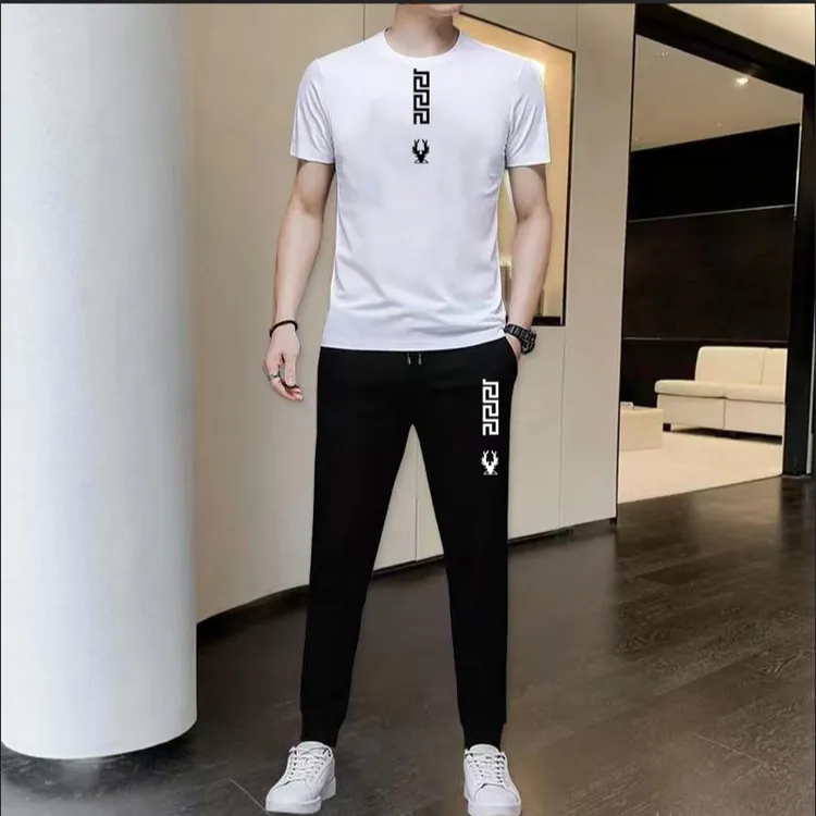 传奇保罗男士新款夏季休闲短袖套装透气大码莱卡棉T恤长裤跑步套