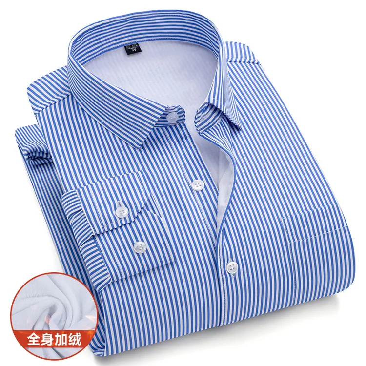 冬季新款保暖衬衫男长袖加绒加厚条纹商务休闲工装白衬衣休闲上衣