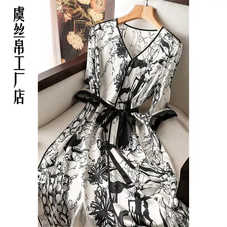 Y814丝滑面料系腰带女装连衣裙收腰显瘦A字中长款宽松连衣裙子