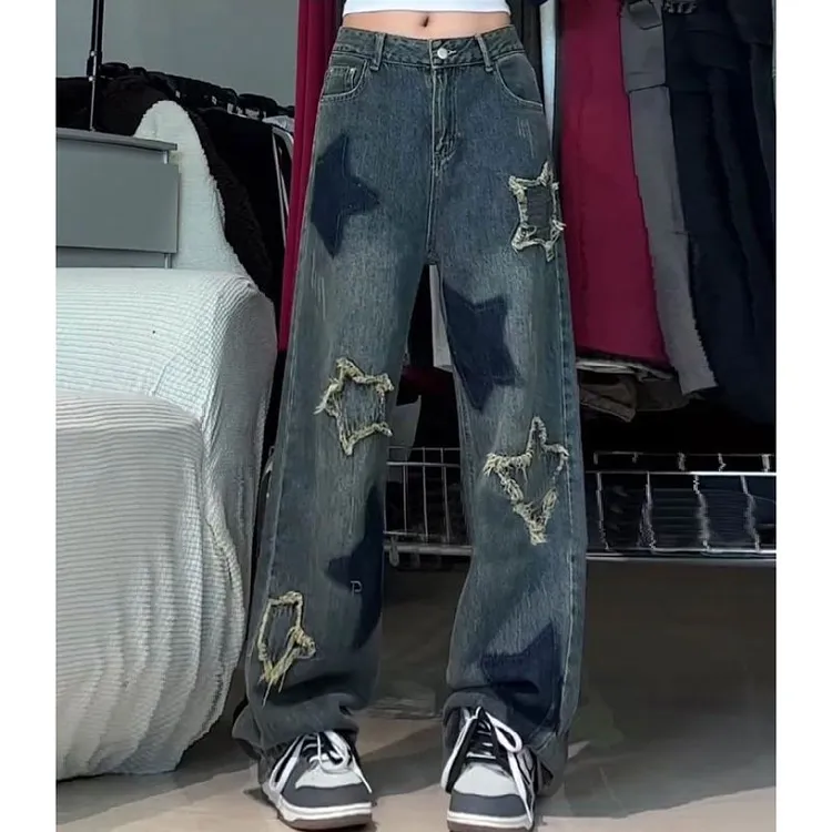 美式vibe复古水洗五角星牛仔裤女春秋新款高街直筒宽松显瘦阔腿裤