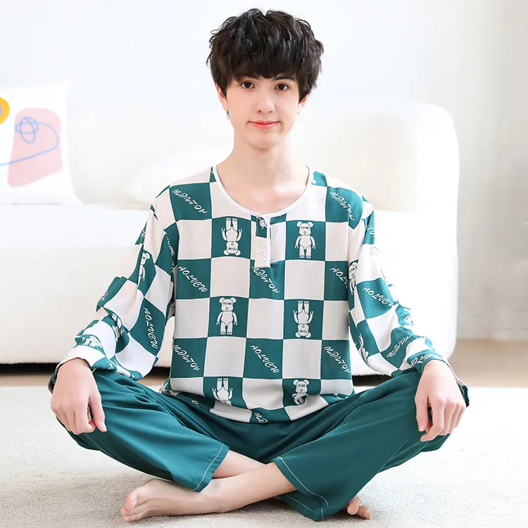 青少年睡衣长袖家居服套装大童绵绸薄款空调服夏天棉绸睡衣男