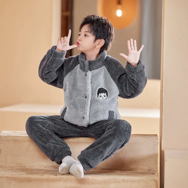 儿童法兰绒睡衣女童男童家居服中大童卡通秋冬款珊瑚绒外穿长袖