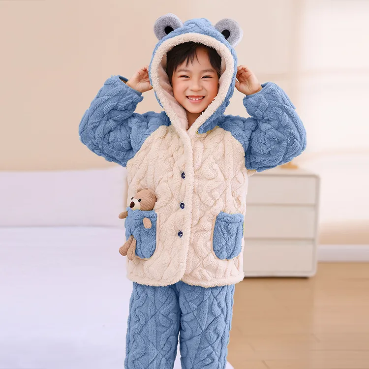 冬季儿童法兰绒睡衣男孩男童三层夹棉加厚款女童珊瑚绒家居服套装