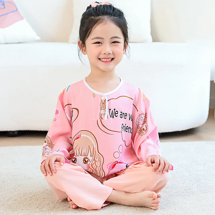 夏季女童棉绸睡衣套装儿童薄款绵绸女孩长袖宝宝男童空调服家居服