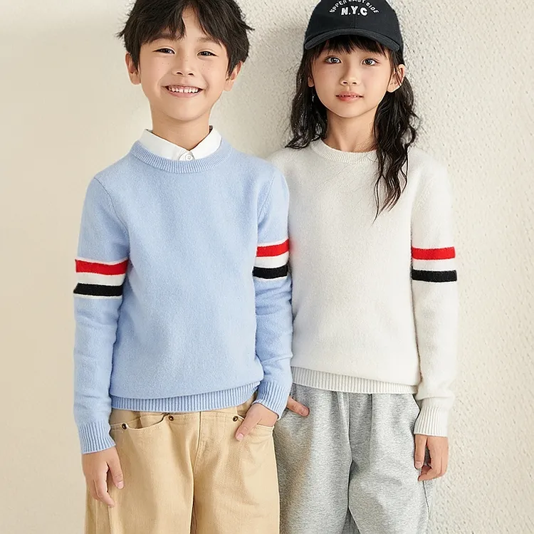 儿童圆领100%纯羊毛衫女童男童秋冬高端拼色毛衣软糯打底针织衫