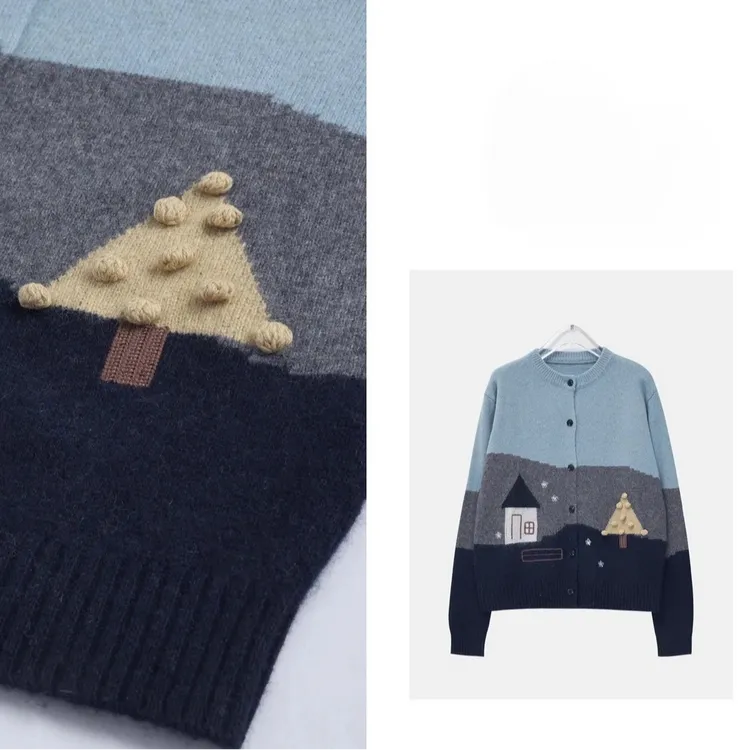 ins风手工刺绣毛衣【童话小屋】2024冬季新款时尚休闲针织开衫上衣