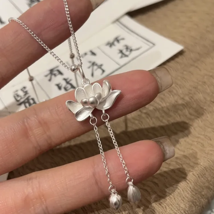 铜合金吊坠 莲花项链女新款新中式古法两世欢荷花春夏