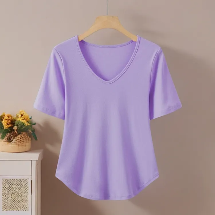 【YQ】夏季黑色V领正肩短袖T恤女2025新款大码胖mm显瘦遮肚别致上衣