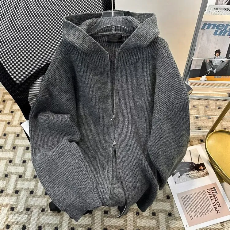 cleanf针织连帽开衫外套男潮牌高级感灰色连帽毛衣开衫针织衫男