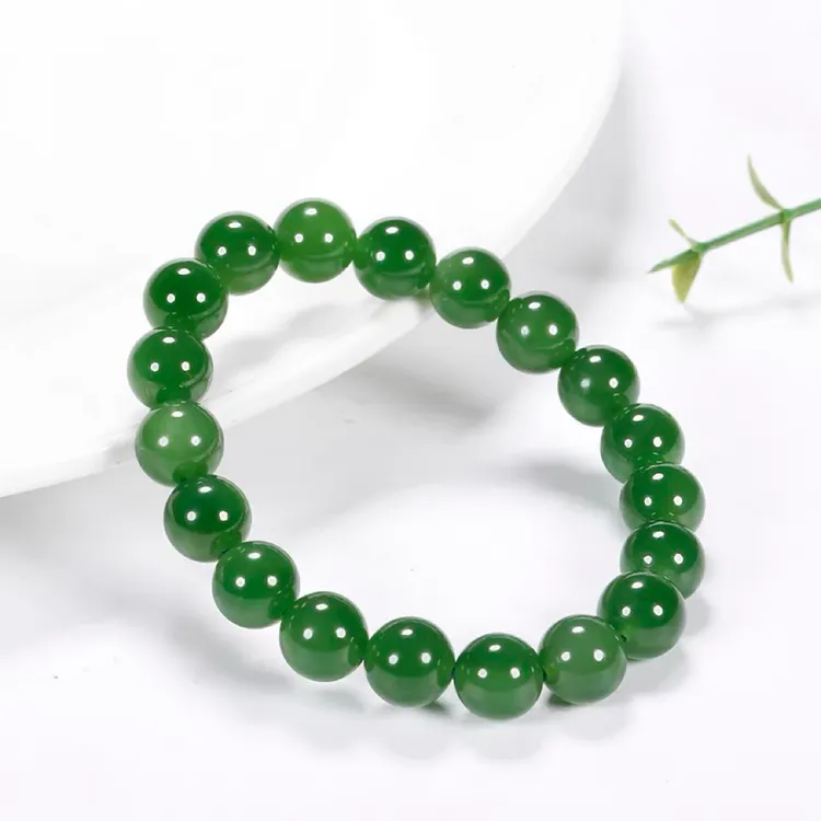 【凤霖珠宝】天然和田玉碧玉9.5-10mm单圈手串阳绿菠菜绿无碧玉手串
