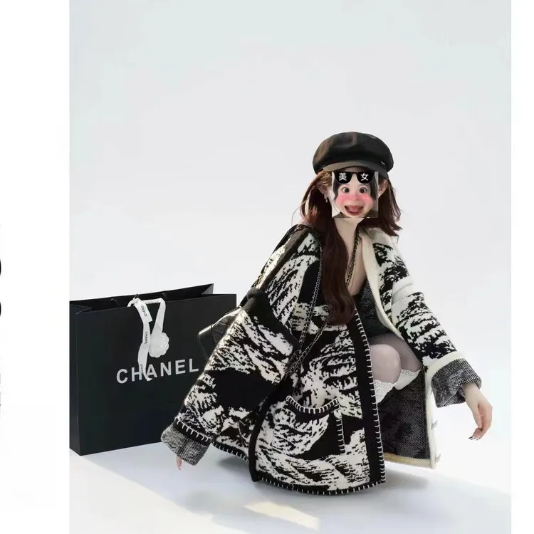 网红明星同款撞色艺术针织开衫大板慵懒风时尚气质毛衣加厚外套女