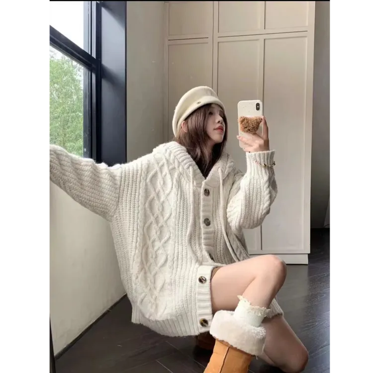 秋冬加厚慵懒风连帽毛衣开衫爆款时尚宽松外传百搭外穿休闲针织衫