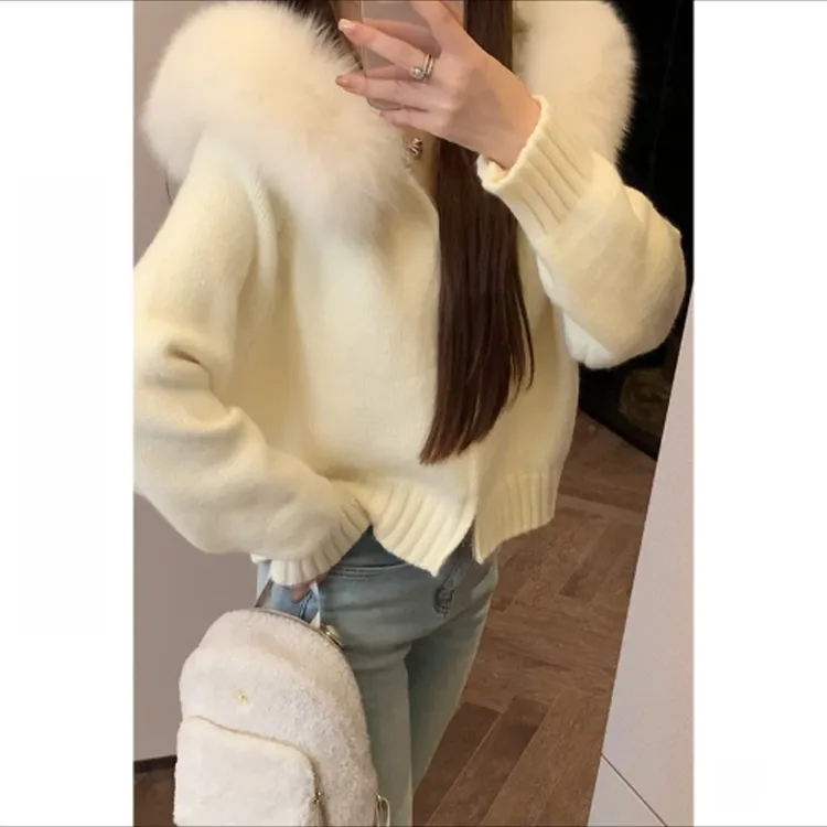 2024新款毛领连帽针织上衣网红同款气质名媛千金穿搭针织开衫