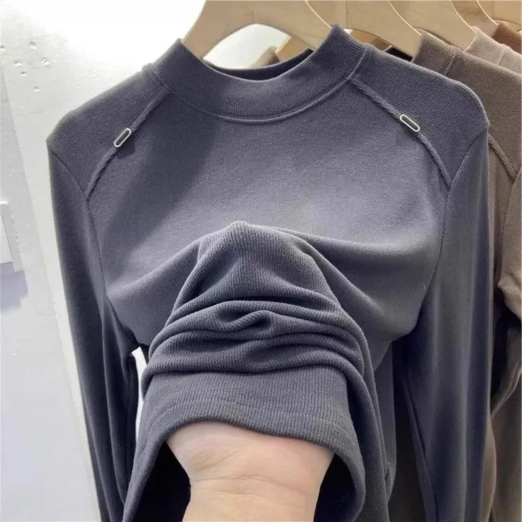 德绒长袖上衣女2025新款韩版修身显瘦圆领螺纹秋衣女外穿打底衫女