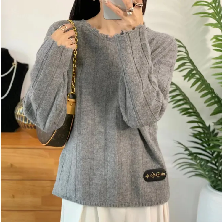 韩版宽松显瘦纯羊毛衫碎花圆领慵懒风针织打底衫女士百搭毛线衣