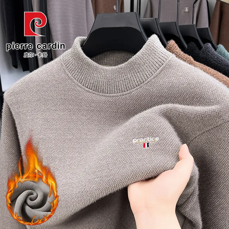 皮尔卡丹2025冬季加绒加厚半高领刺绣毛衣男士时尚潮流保暖毛衣