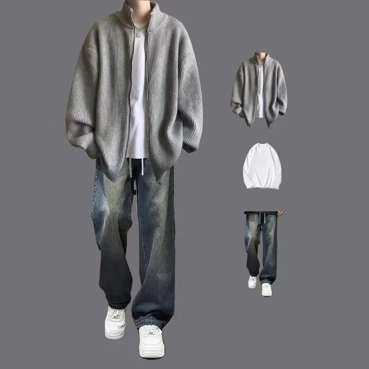 潮牌开衫毛衣休闲套装男秋冬季痞帅针织衫外套三件套男装一套搭配