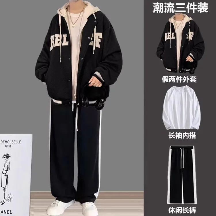 秋季港风连帽棒球服套装痞帅薄款夹克休闲男友风穿搭直筒裤两件套