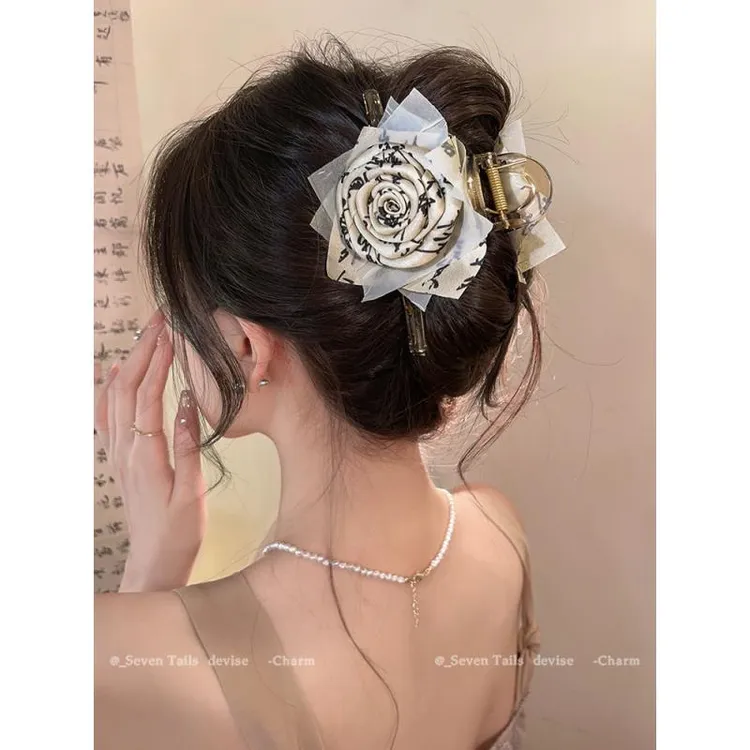 新中式国风水墨千字抓夹2024新款高级感鲨鱼夹后脑勺发夹气质发饰