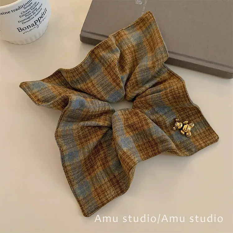 小熊格纹方巾发圈大肠圈女韩系方形秋冬低马尾发绳扎头发皮筋头绳