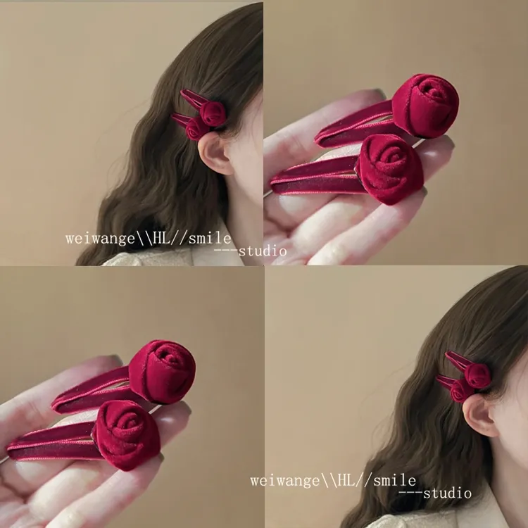  解语玫瑰！红色丝绒玫瑰发夹女！法式复古刘海边夹高级感BB夹头饰