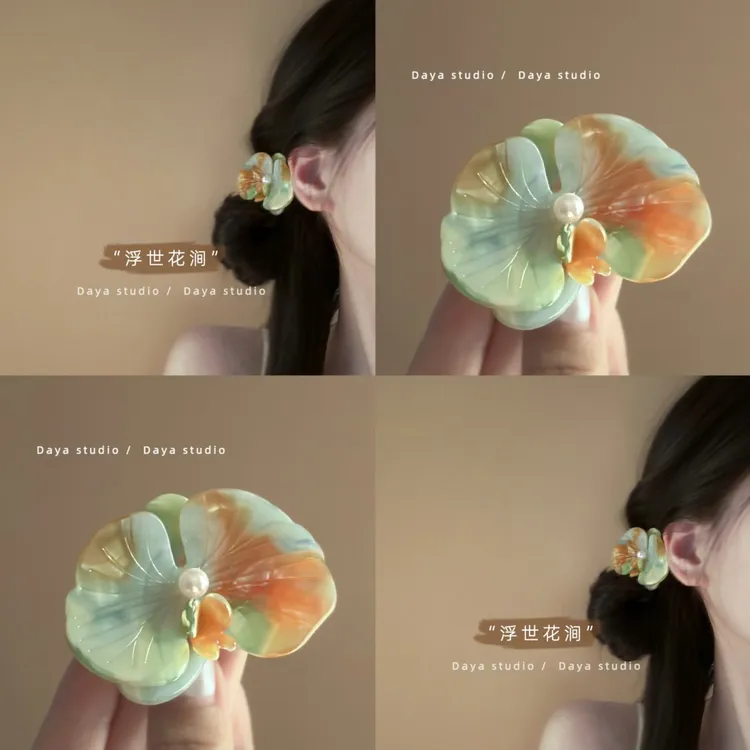 浮世花涧 超仙法式复古蝴蝶兰花朵珍珠发夹小众气质醋酸刘海边夹