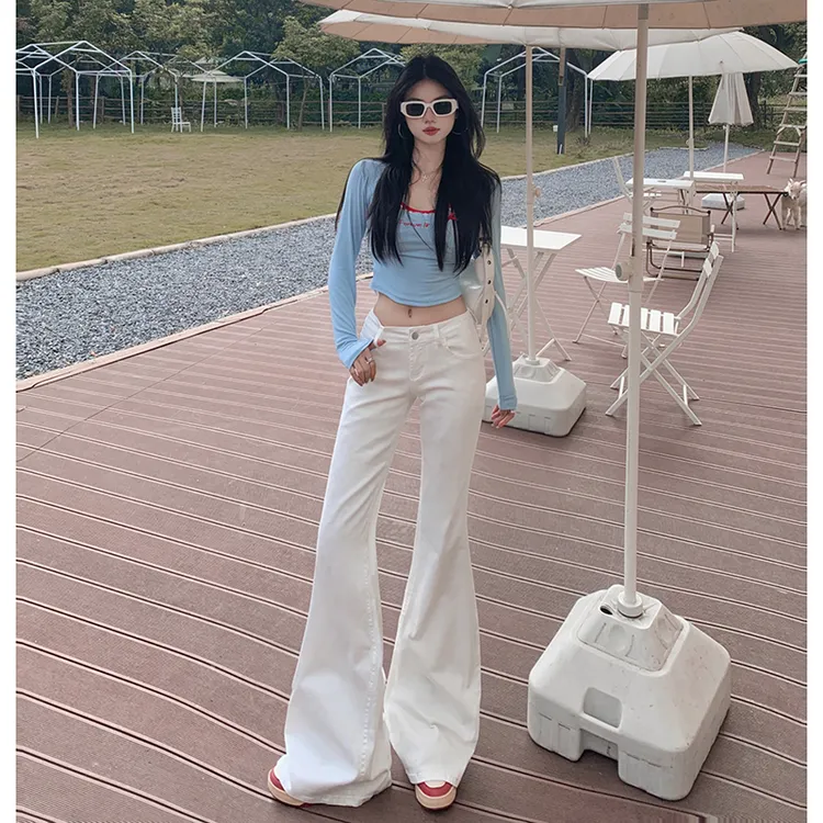 NORNLGGER 美式低腰微喇牛仔裤女薄绒2025新款百搭修身显瘦喇叭裤