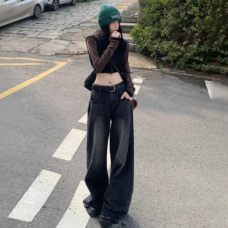 NORNLGGER灰色高腰直筒牛仔裤女新款显瘦显高宽松阔腿牛仔裤女
