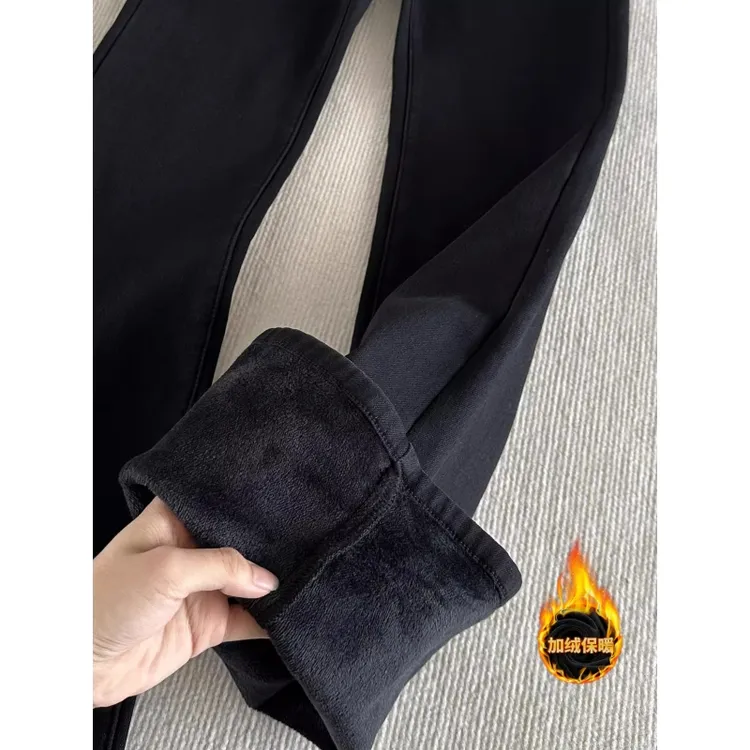 黑色微喇牛仔裤女2025冬季加绒加厚新款高腰弹力修身显瘦喇叭裤子