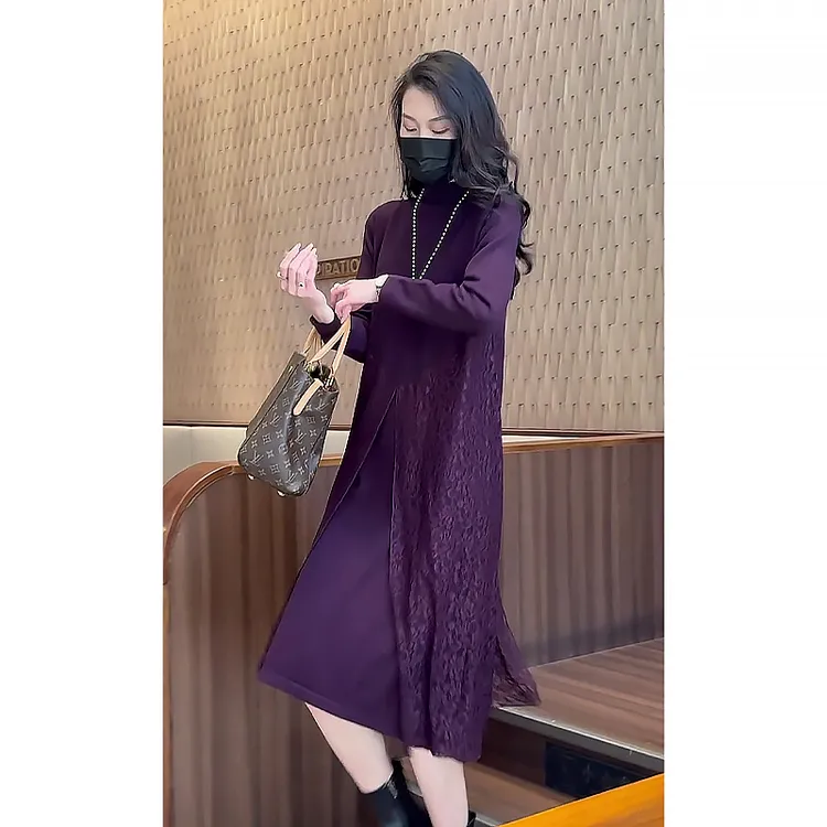 7287#毛衣女秋冬新款宽松针织打底衫蕾丝连衣裙长款毛衣裙过膝