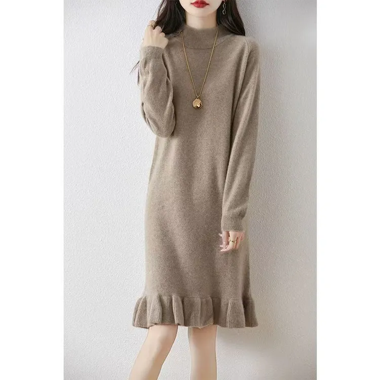 9110#秋冬新款时尚精致纯色妈妈气质显瘦百搭打底加厚针织毛衣裙