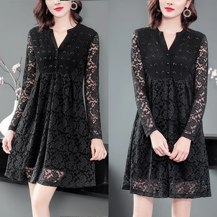 8837#黑色蕾丝中长款连衣裙女装秋季新款洋气宽松显瘦长袖裙子