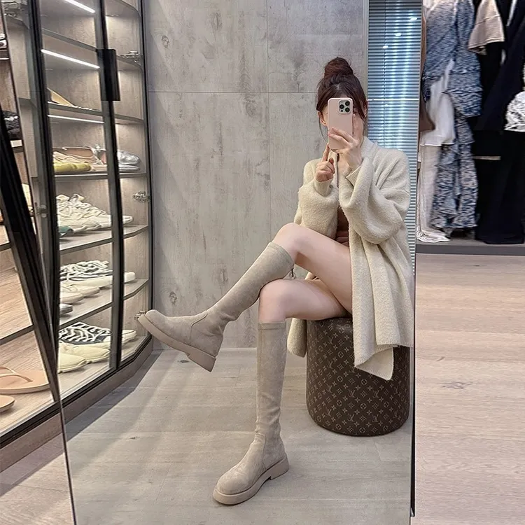 长筒靴女绒面秋冬新款时尚百搭小个子弹力靴粗跟厚底骑士靴过膝靴