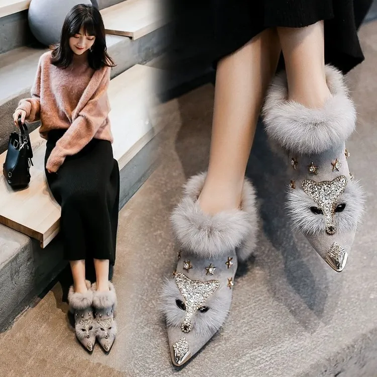 毛毛鞋女狐狸尖头时尚秋冬新款百搭水钻单鞋韩版网红保暖高跟短靴