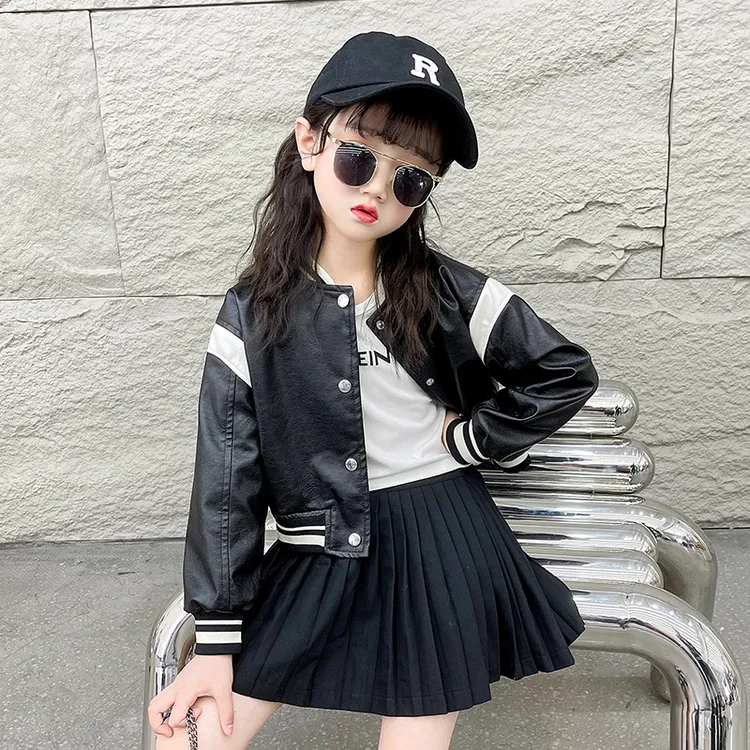 女童棒球服皮衣秋季新款洋气时尚女宝宝拼接英伦风夹克休闲外套潮