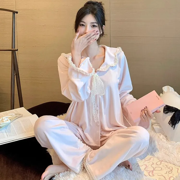 海岛绒睡衣女春秋款长袖长裤加绒秋冬薄绒宽松家甜美少女士居服装