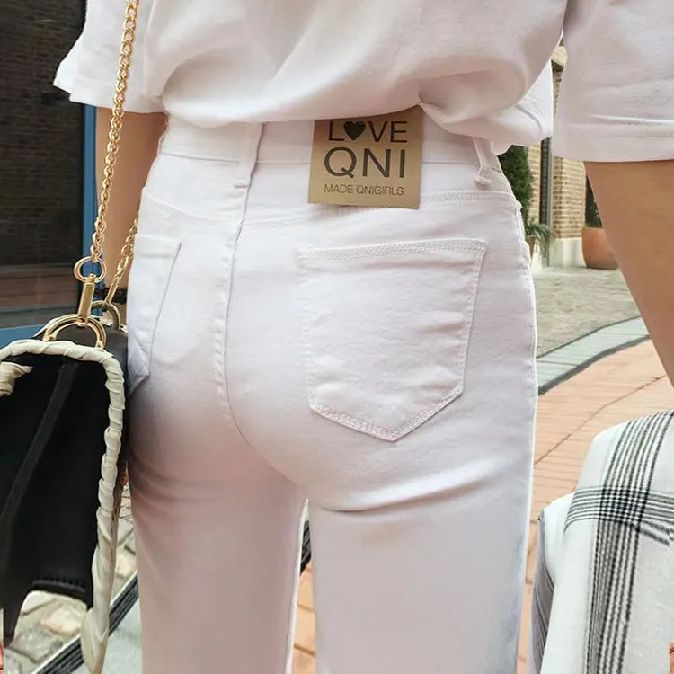 纯白色牛仔裤女九分裤春秋弹力紧身高腰显瘦铅笔长裤小脚裤