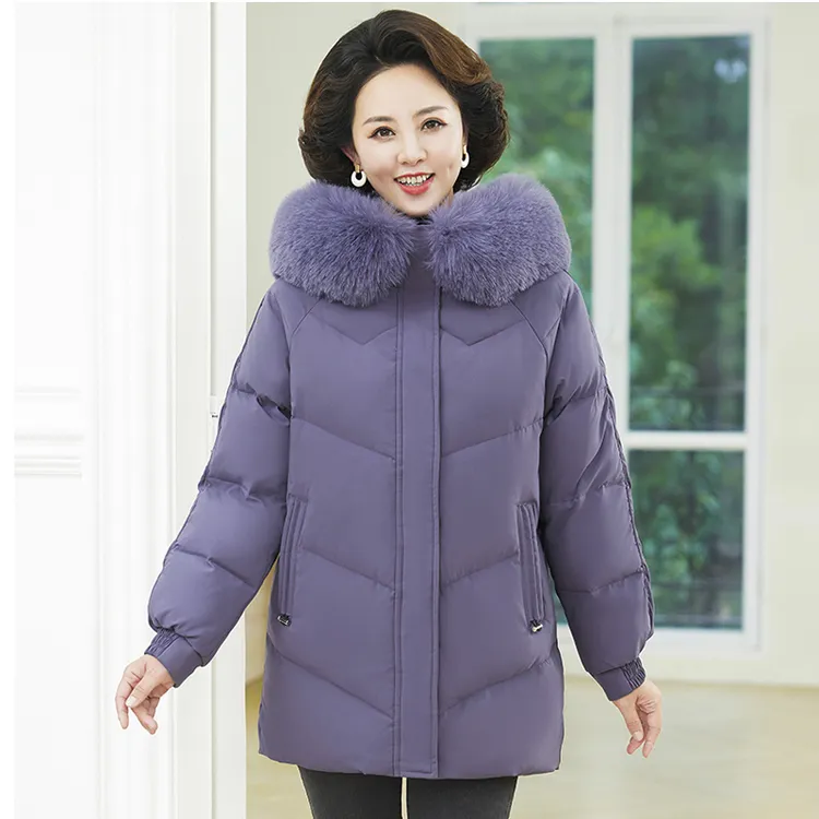 新款妈妈加绒加厚中老年女中长款冬装外套洋气连帽休闲狐狸毛领