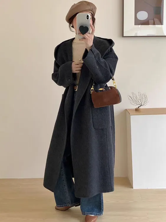 慵懒感浴袍连帽双面羊毛大衣女高端长款古韵冬季毛衣外套显瘦气质