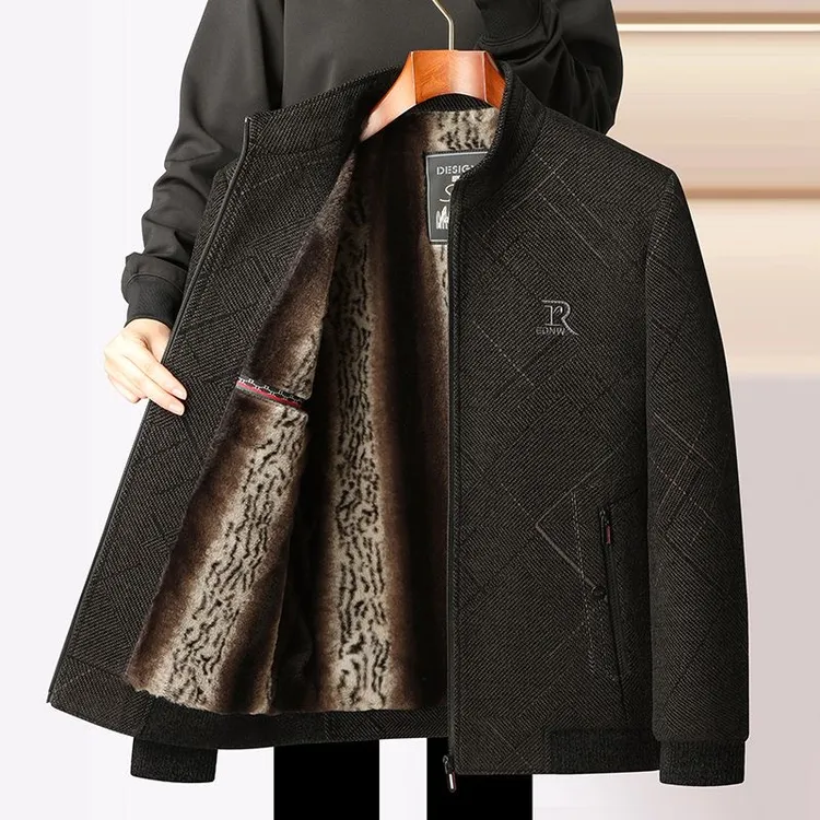 冬季外套中老年男士雪尼尔外套中年男加绒加厚保暖翻领休闲爸爸装