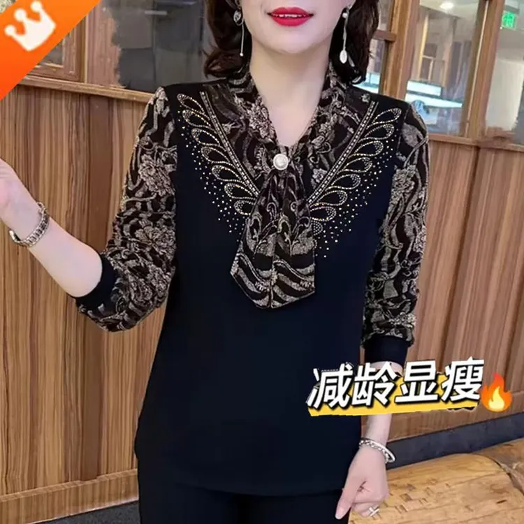 加绒加厚镶钻提花网纱打底衫长袖秋冬妈妈装大码宽松显瘦假两件