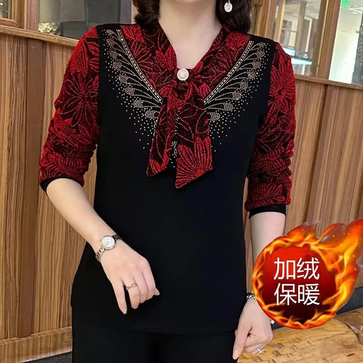 加绒/薄款假两件提花打底衫长袖春秋冬妈妈宽松显瘦加厚保暖上衣