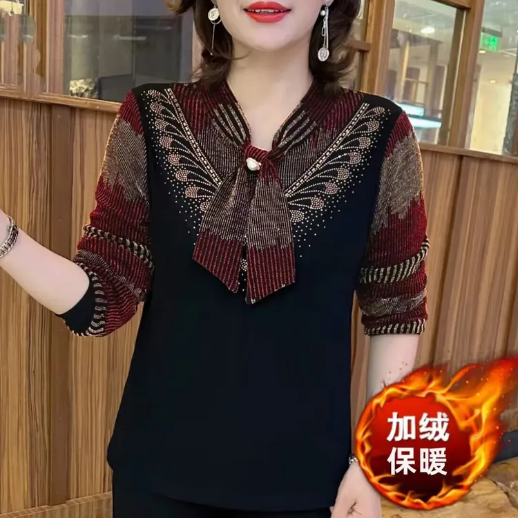 秋冬加绒镶钻提花蕾丝打底衫长袖胖mm大码宽松显瘦假两件保暖上衣