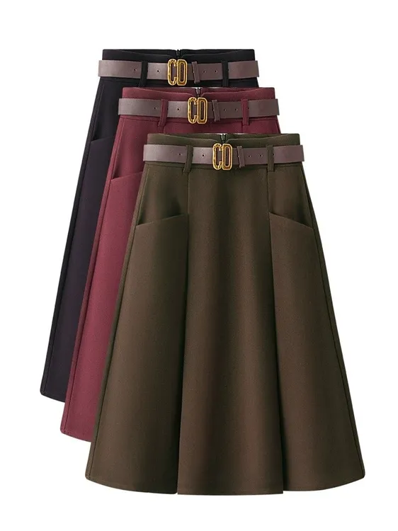 秋冬毛呢半身裙女a字大摆伞裙2024新款高腰显瘦中长呢子百褶裙子