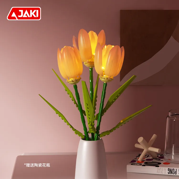 JAKI佳奇郁金香积木花炫酷灯光氛围高颜值创意拼搭礼物家居永生花
