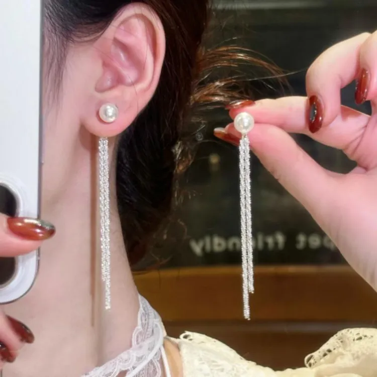 铜合金耳饰 优雅流苏珠珠耳钉长款法式闪亮小众简约气质女耳饰